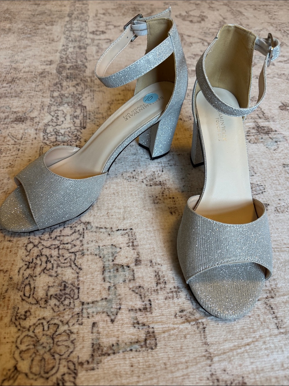 Benjamin Walk Silver Glitter Peep-Toe Ankle-Strap Block Heels
